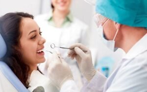 Modern dental hospital reception with patient smiling